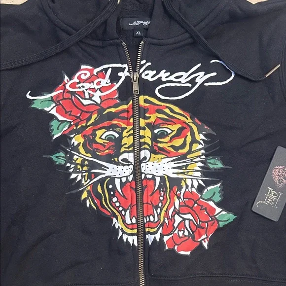 Ed Hardy Black Graphic Zip-Up Hoodie with Tiger & Rose Motif—XL—NWT - Picture 2 of 6